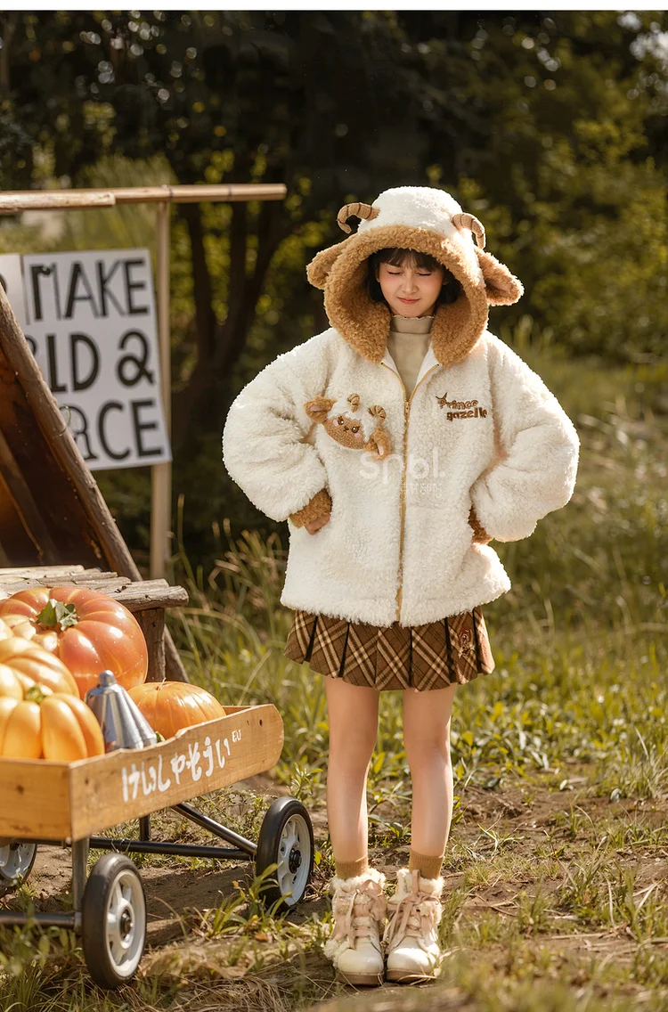 2025 Autumn Winter New Cute and Fun Little Sheep White Loose Comfortable Zipper Long Sleeve Hooded Casual  Plush Sweatshirt