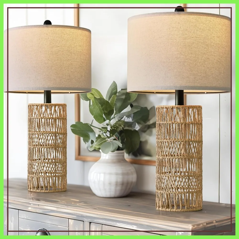 22.5" Boho Table Lamps Set of 2, Rattan Bedside Lamps for Living Room, Bedroom, Farmhouse Decor, Brown