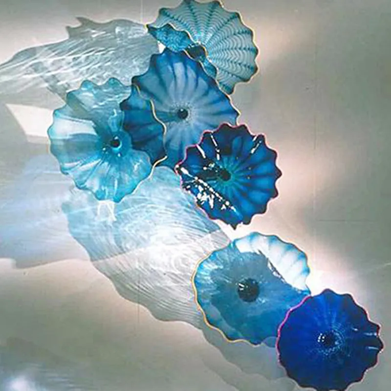 Blue Lotus Flower Wall Art Lamp Home Decor Murano Glass Flower Plates Hand Blown Glass Wall Art
