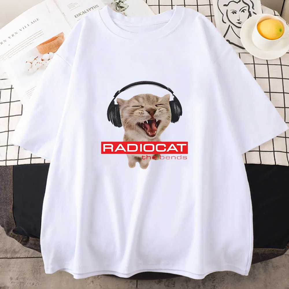 Radiohead Cat Cartoon Printing Tee-shirt Cute Graphic Clothing for Girls Cotton Comfortable Soft Spring T-shirts Women Tees Tops