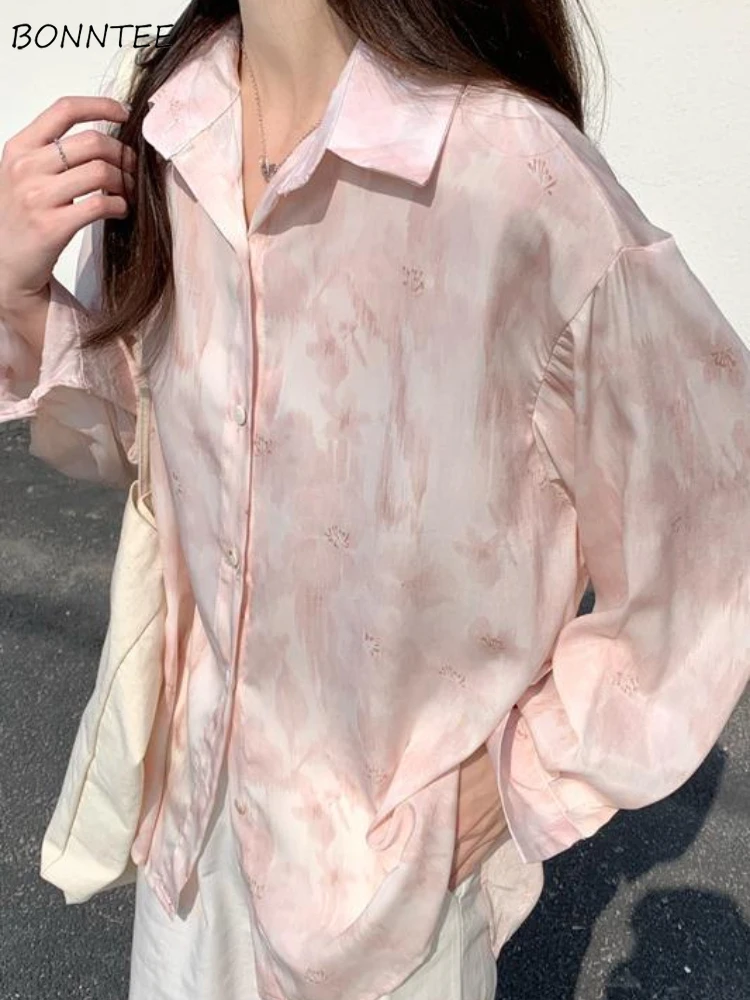 

Pink Shirts Women Baggy Long Sleeve Spring Vintage Korean Style All-match Design Minimalist Fashion Simple Lady Breathable Mujer