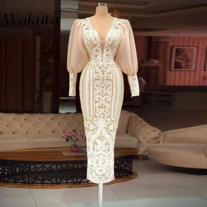 

Wakuta Elegant Women's V-Neck Tulle Lantern Long Sleeve Slim Dress Strappy Saudi Anniversary Prom Evening Gown سيرين فساتين سهره