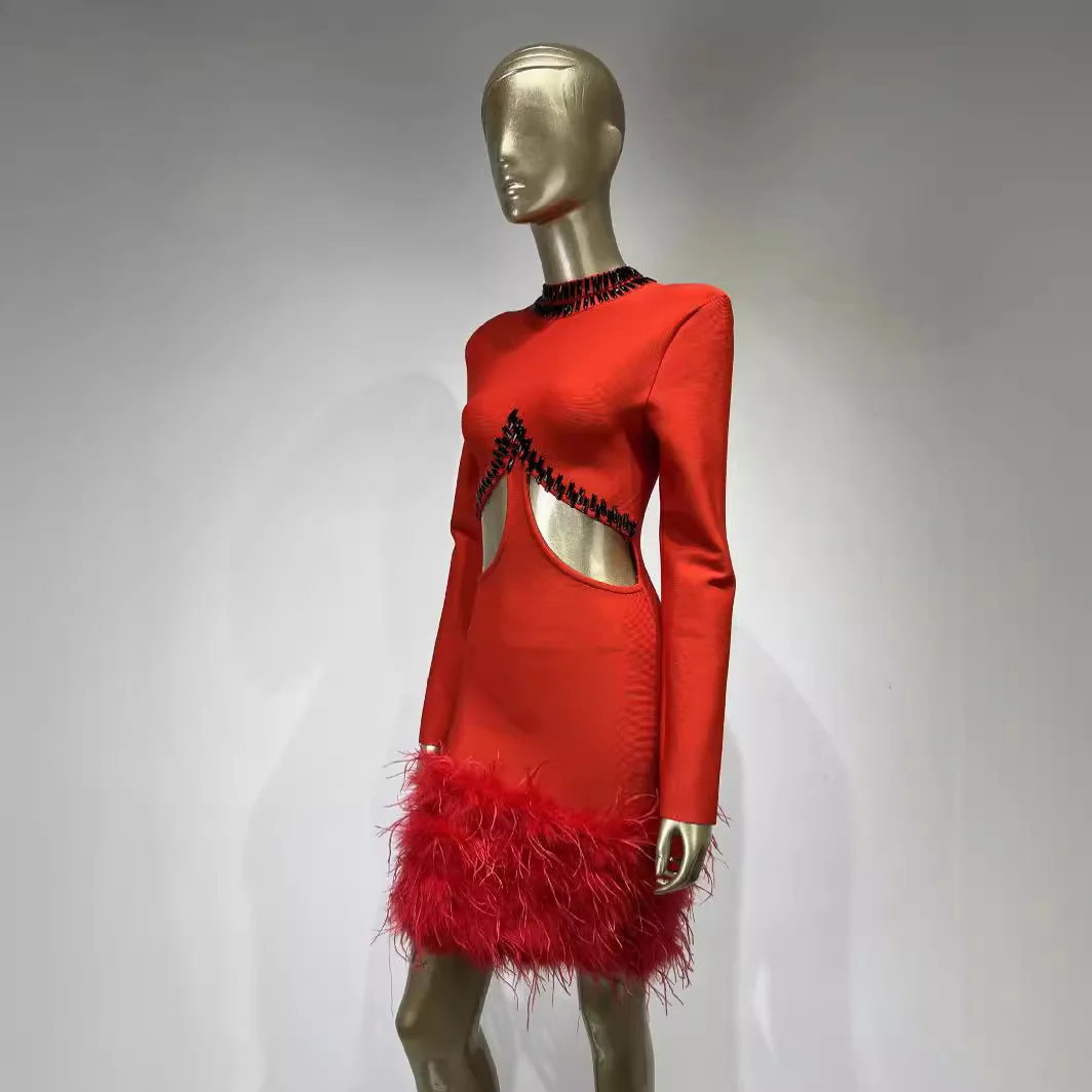 Big Red Ostrich Hair Bandage Fashionable And Sexy Water Diamond Cutout Party Dress