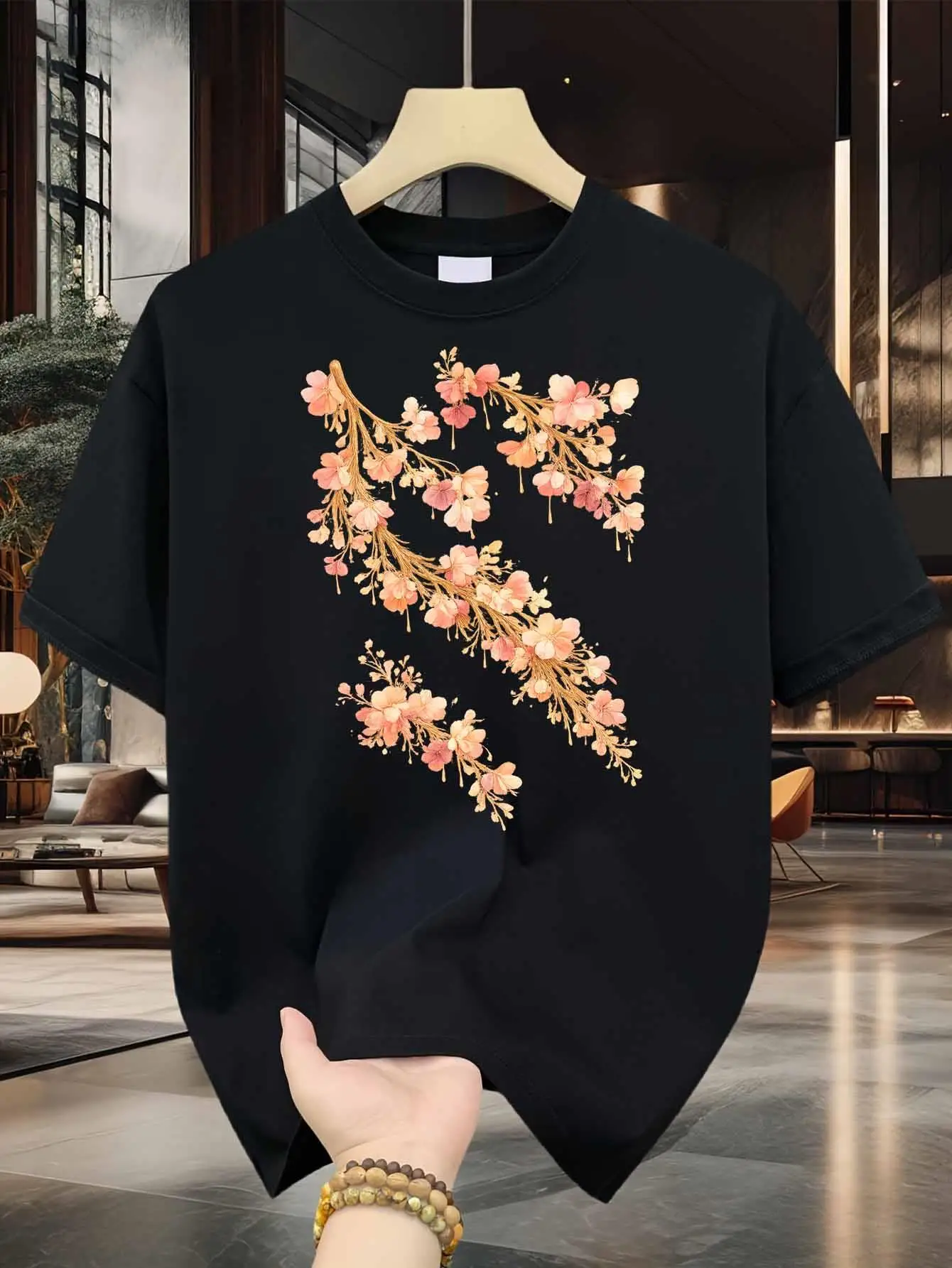 Men's cherry blossom pattern T-shirt - Golden powder-like cherry blossom branches and leaves pattern - - Casual yet fashionable