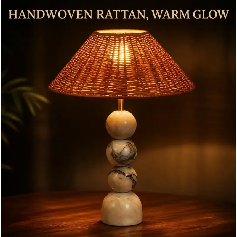 Rattan Table Lamp with Natural Marble Base E27 Socket Hand Woven Wrought Iron Bedside Light for Living Room Bedroom Decor