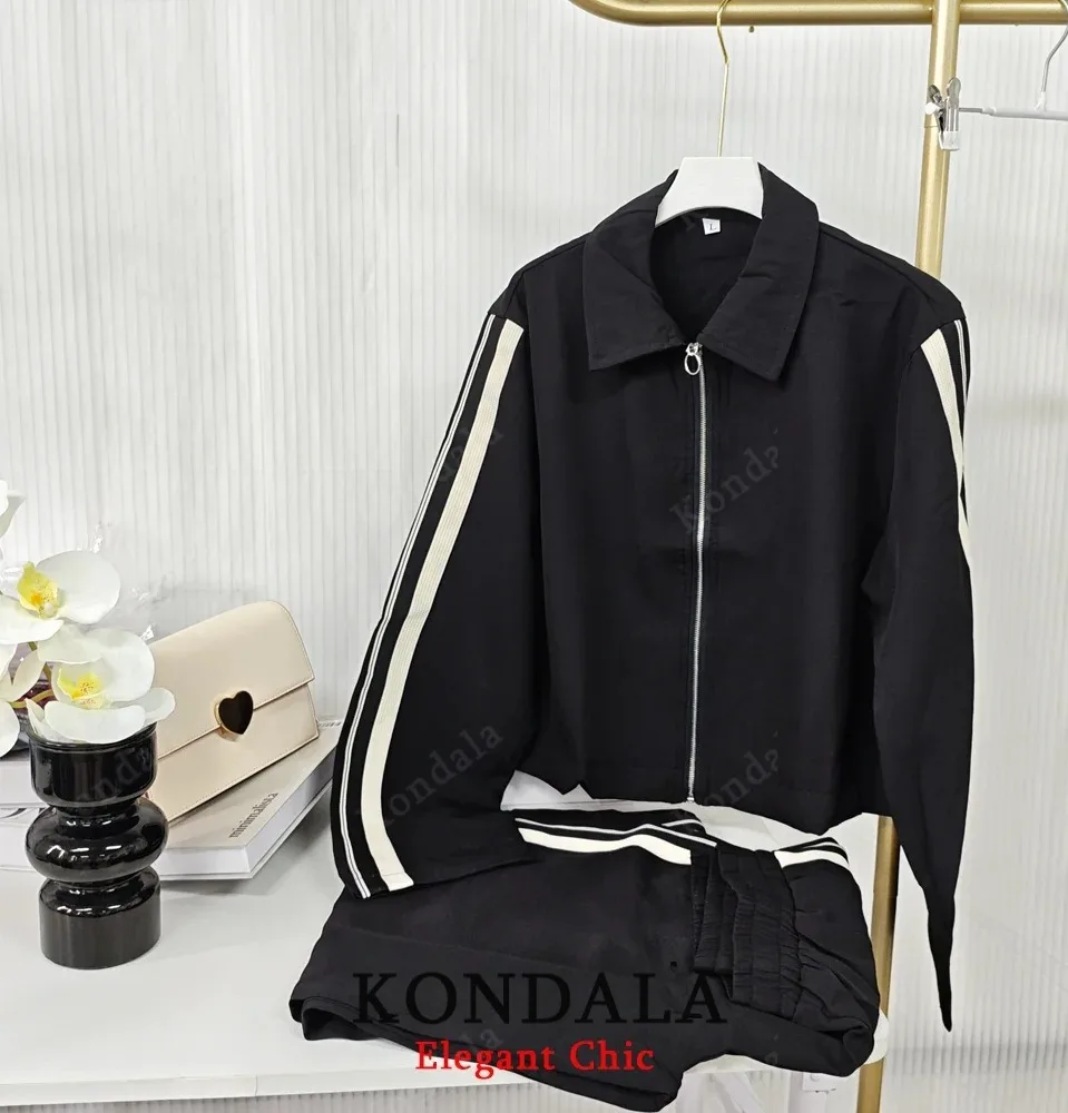KONDALA المرأة عادية مجموعة بناطيل رجالي الجانب شريط سترة جاكيت زيبرا واسعة الساق بانت 2 قطعة مجموعة 2025 ربيع الخريف موضة النساء البدلة