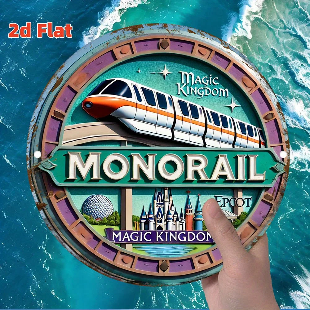 2D Flat Vintage Aluminum Sign Magical Kingdom Monorail Round Wall Decor Windproof Rainproof for Home Office Cafe Bar Garage Gift