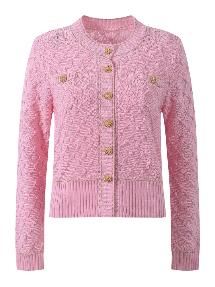 

Ele European Sle Вязаный длинный свитер круглого цвета Ne с золотыми пуговицами и ромбовидным узором Универсальный моющийся топ