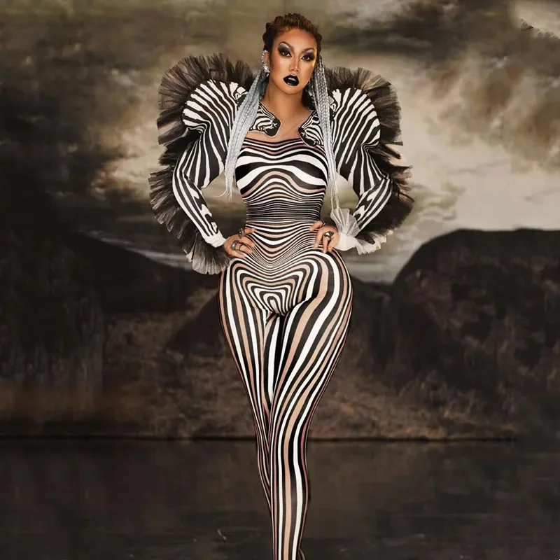 Halloween Cosplay Costume DJ Singer Dancer Nightclub Rave Outfit Role Performance Stage Festival Clothes Zebra Pattern Jumpsuit