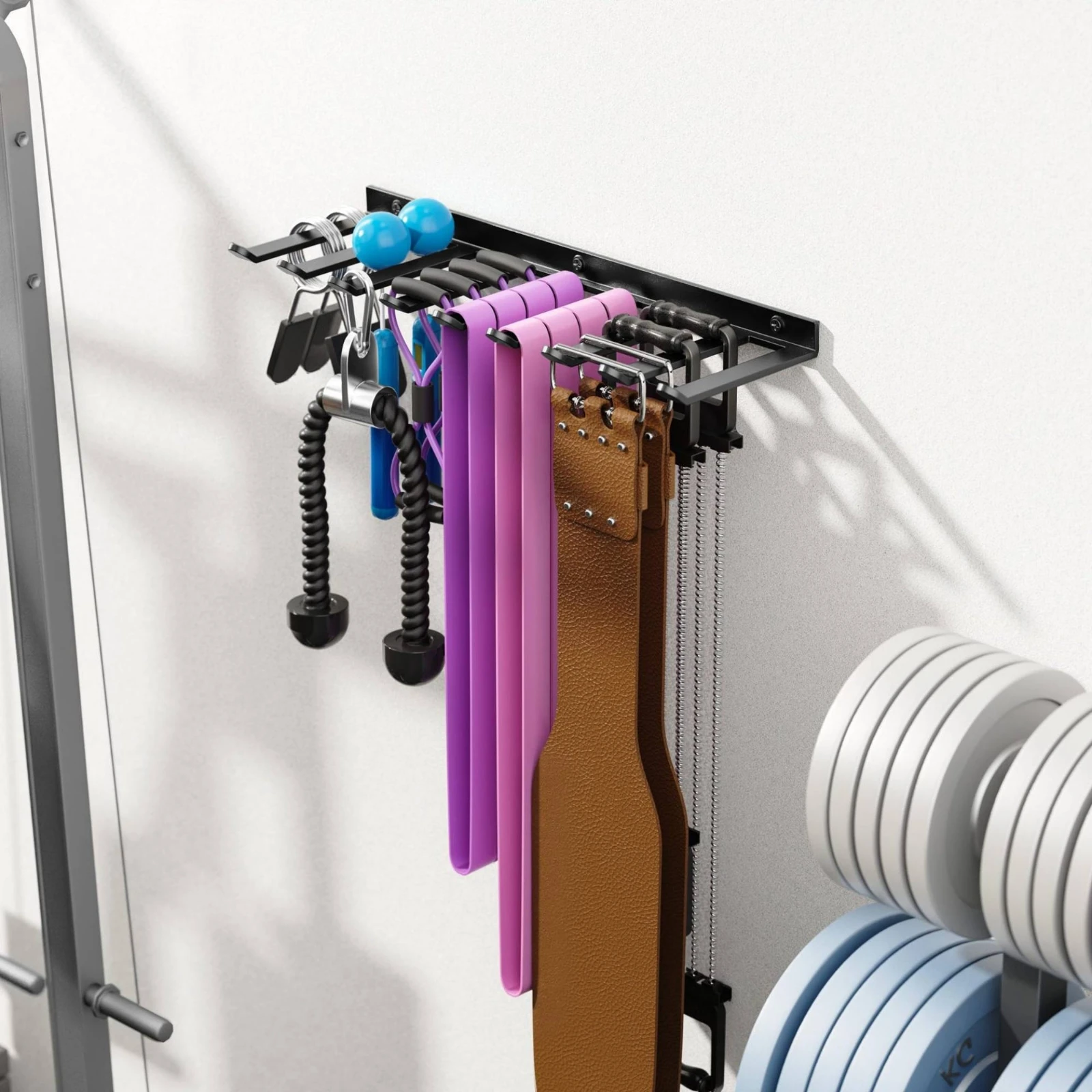 Wall-Mounted Gym Rack Sturdy Wall-Mounted Workout Gear Rack with 9 Hooks Workout Gear Hanger Multi-Purpose Easy to Install