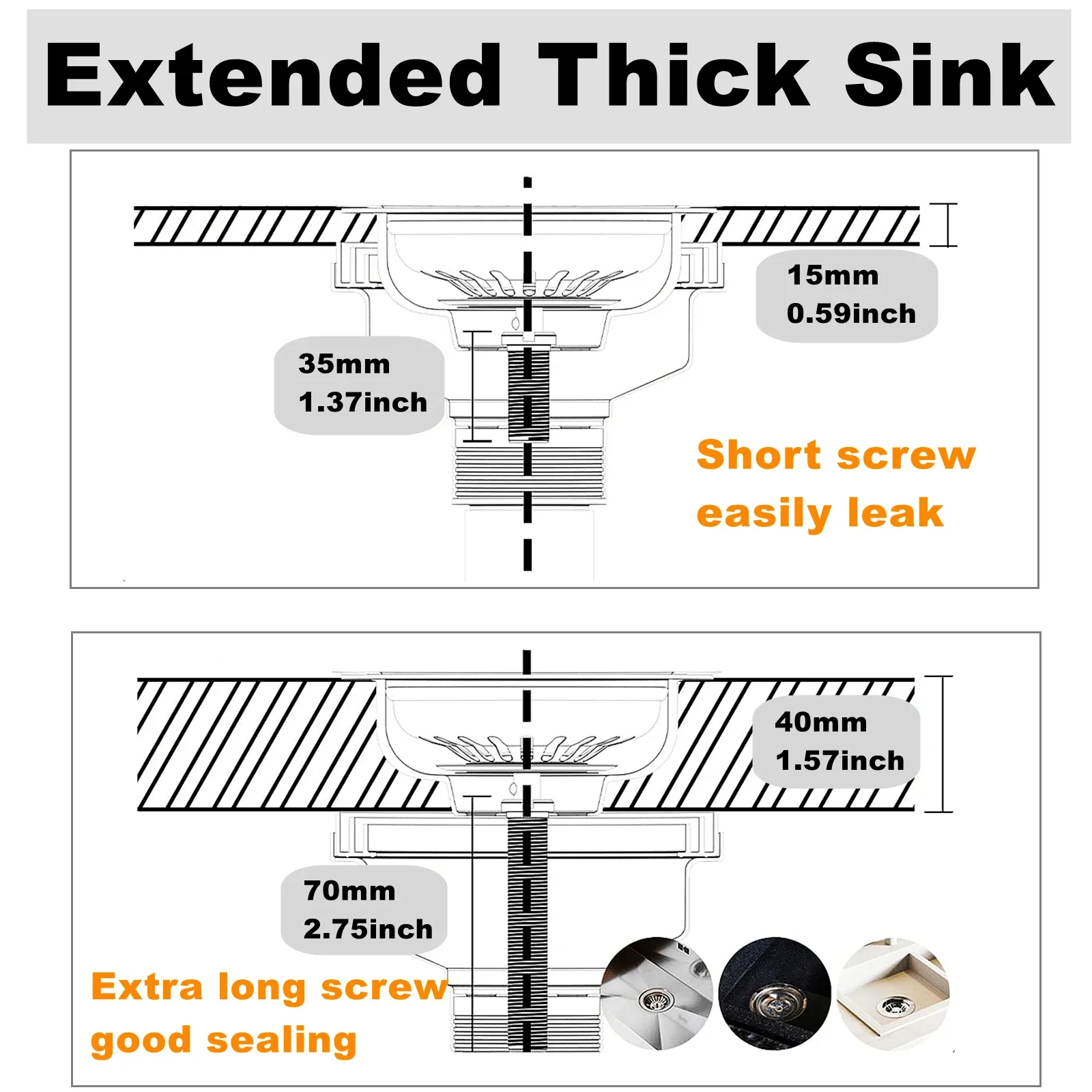 Kitchen Sink Connection Bolt Extension Screw M12x70mm Copper Chrome Plated for Extended Height, Thick Sink, Sink Strainer Plug