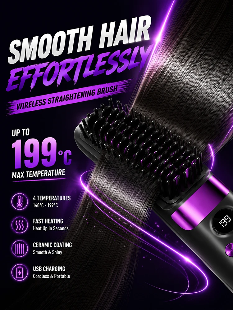 Wireless Straightening Brush for Women Electric Hair Comb LED Screen Ceramic Coating Anti Scald Hair Styling Brush