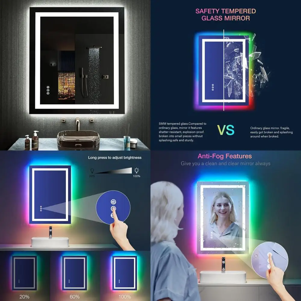 Miroir de salle de bain éclairé par LED, 20x28, antibuée, RGB à intensité variable, vanité frontale en verre trempé étanche
