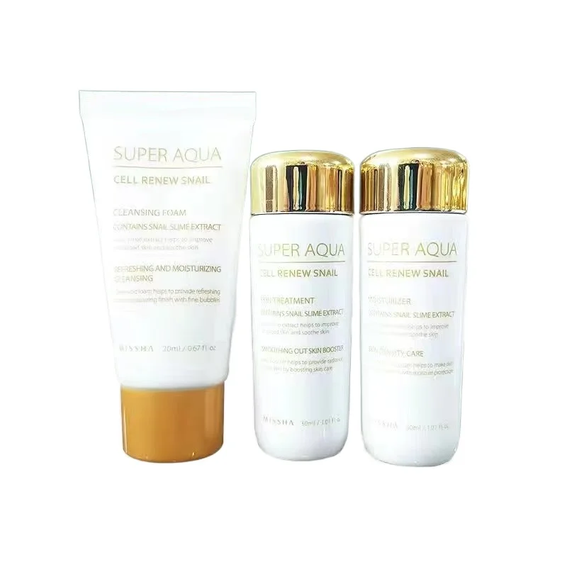 MISSHA Super Aqua Cell Renew Snail Trial Kit (Cleasing Foam 20ml Skin Treatment 30ml Essence 30ml) Face Care Korean