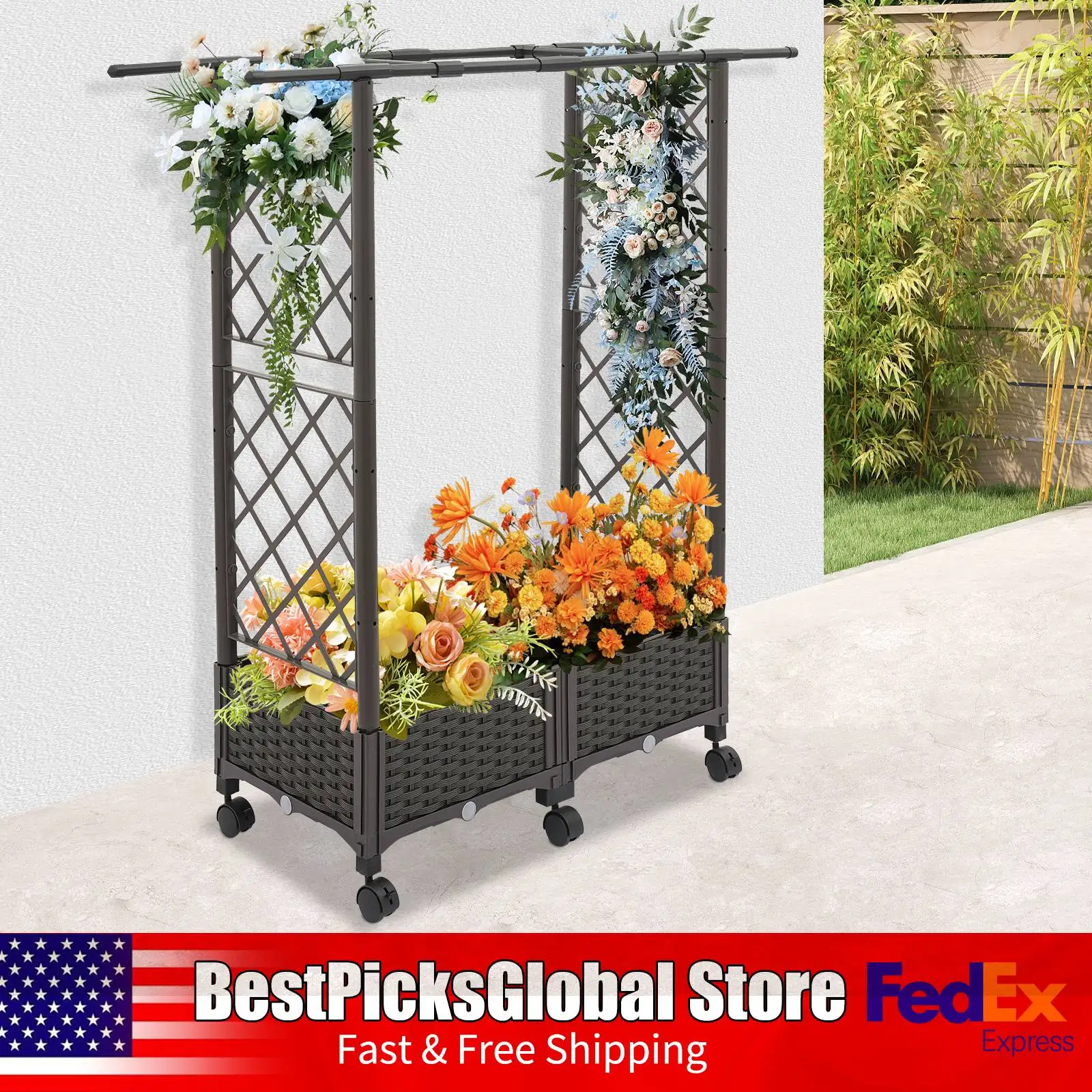 

Grid-patterned Flower Cart Multi-functional Planter Garden Box with Wheels for Backyard Balcony Patio 116 X 40 X 129.5cm, Brown