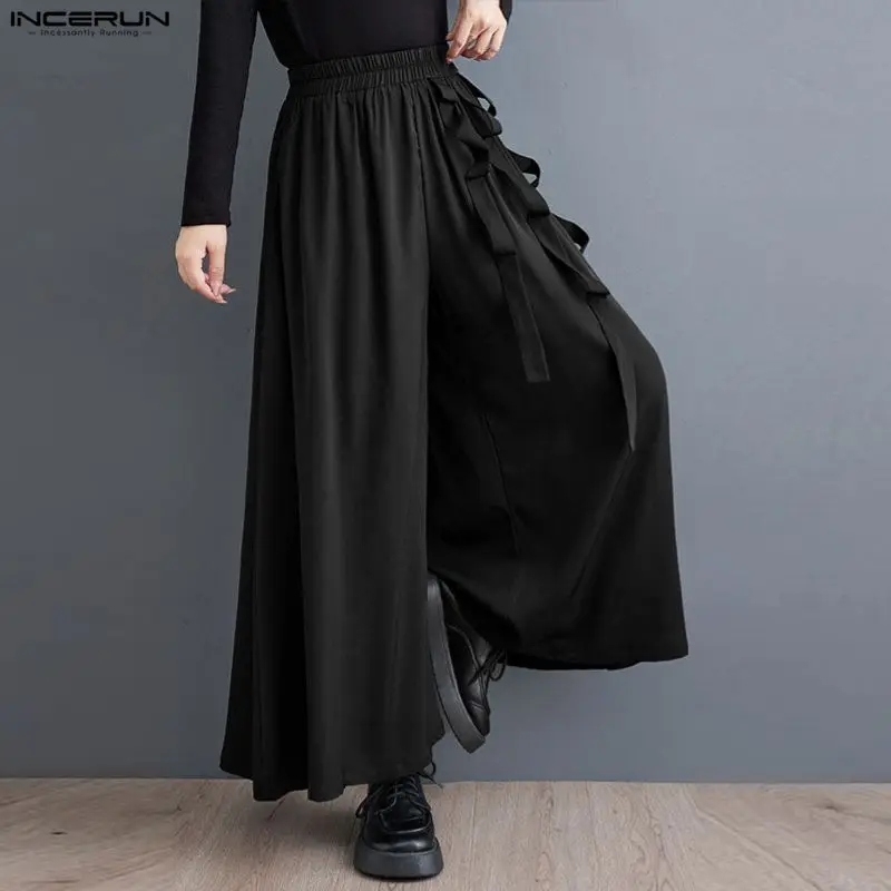 INCERUN Herrenhose, einfarbig, elastische Taille, Jogginghose, weites Bein, für Herren, Streetwear, Übergröße, Gürteldekoration, lässige Pantalones