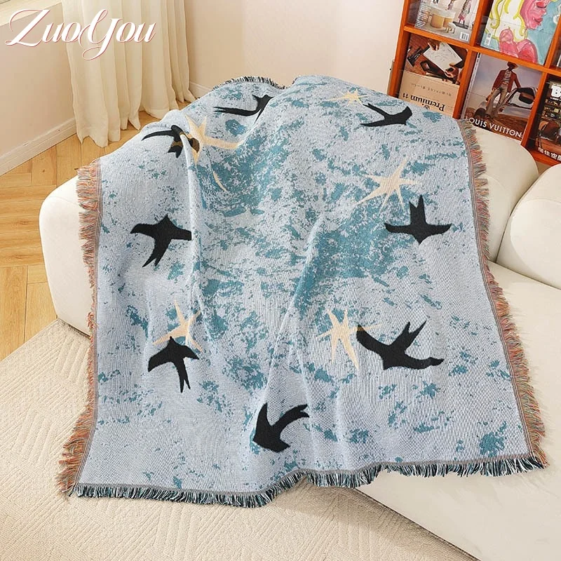 

Bird Star Printed Throw Blanket with Tassels Stylish Home Decor Woven Blanket for Couch, Bed, Chair & Home Accent All-Season Use