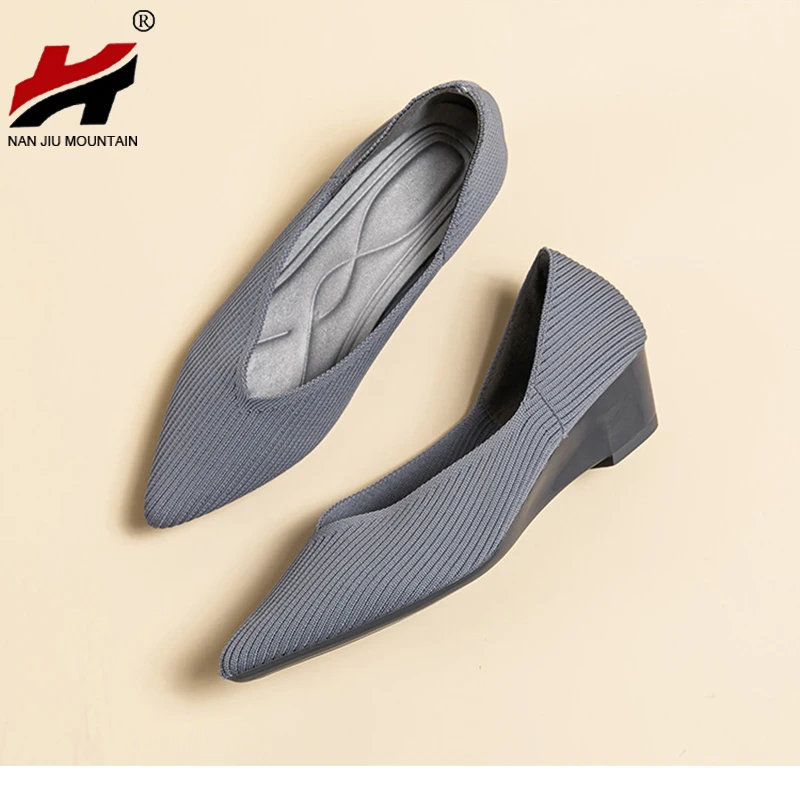 Knitting Single Shoes Simple Solid Color Women Small Wedge Shoes Pointed Toe Soft Sole Spring And Autumn Casual Shoes