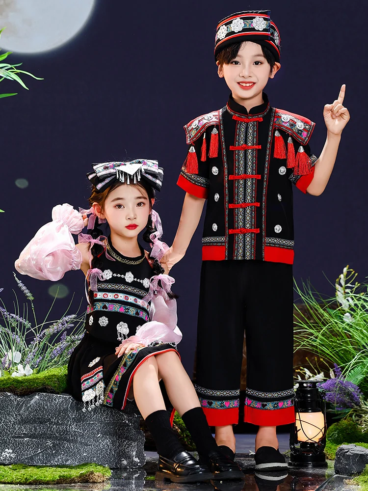 

Новая коллекция: Детская одежда в этническом стиле Гуанси Чжуан (Хань, Мяо) для девочек и мальчиков, традиционный костюм для сценических выступлений