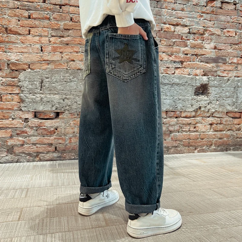 Teenager Boys Jeans Spring Autumn New Style 2026 Korea Style Kids Long Pants Cotton Soft Treatment Pure Color Trendy Dad Jeans
