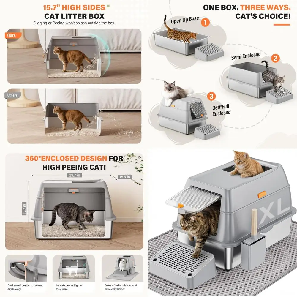 

Extra Large High-Sided Metal Cat Litter Box with Scoop, Grey, Anti-Leakage Design