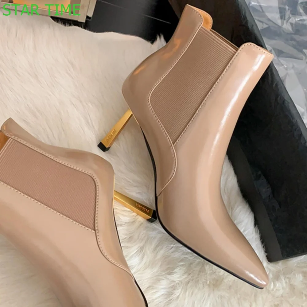 

Genuine Leather Gold Heel Short Boots 2024 Spring New Pointed Casual Office High Heels Apricot /black/white Fashion Women Boots