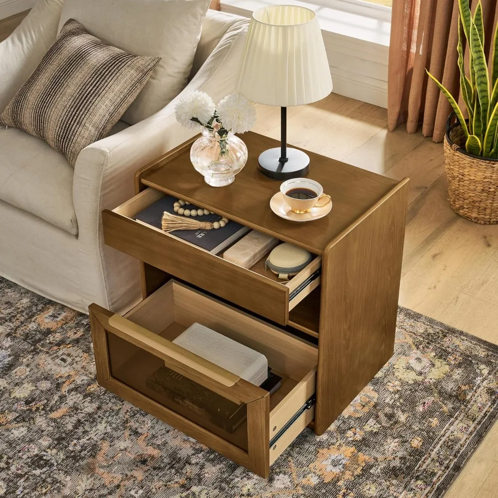 منضدة محطة شحن على الطراز الحديث لمنتصف القرن، طاولة نهاية المزرعة مع مخرج، درجين، رف مفتوح، أدراج زجاجية f #4