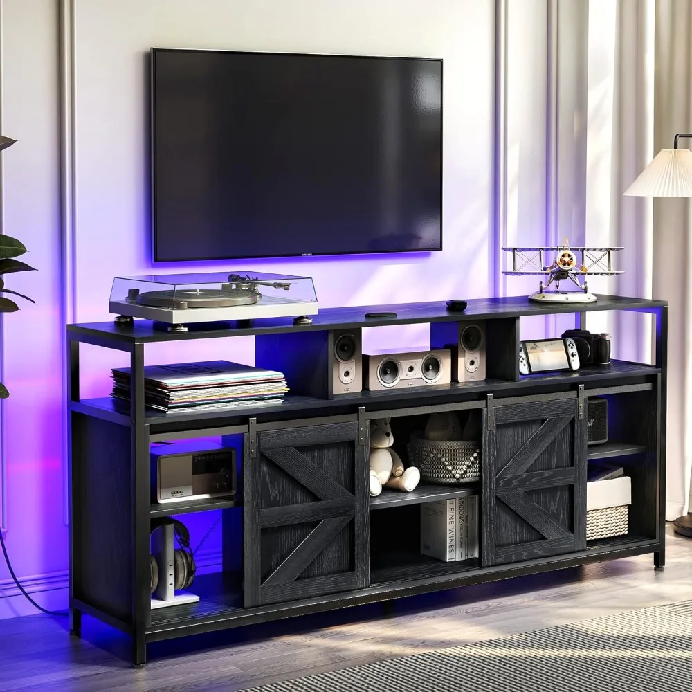 

TV Stand with Sliding Barn Doors, Charging Station, LED Lights, and Storage Shelves for up to 70 inch TVs