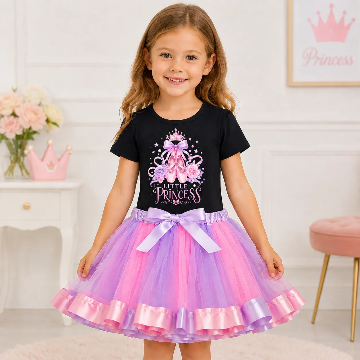 Mädchen 2-teiliges Outfit Kleine Prinzessin Ballettschuhe Aufdruck Kurzarm-T-Shirt Rosa Lila Mehrlagiger Tüll-Tutu-Rock Kinder Geburtstagsparty