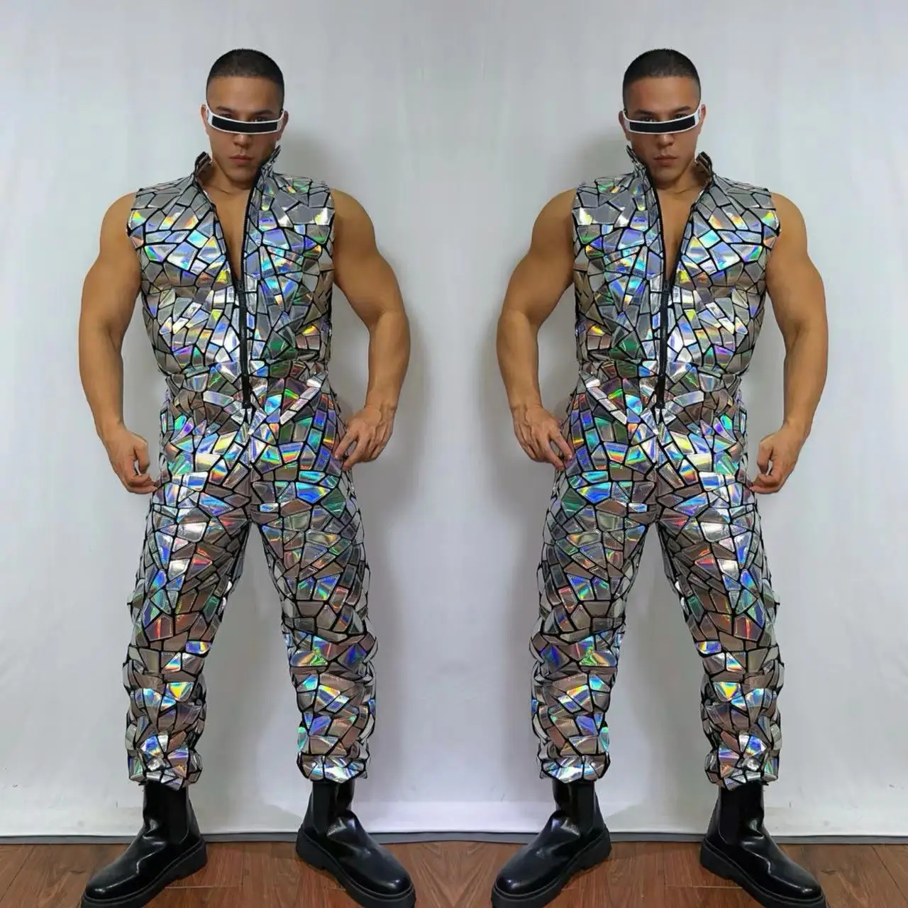 Male Laser Mirror Jumpsuit Adult Street Dance Costume Nightclub Bar Hip Hop Dancer Clothes Muscle Man Dancing Outfit VDB7991