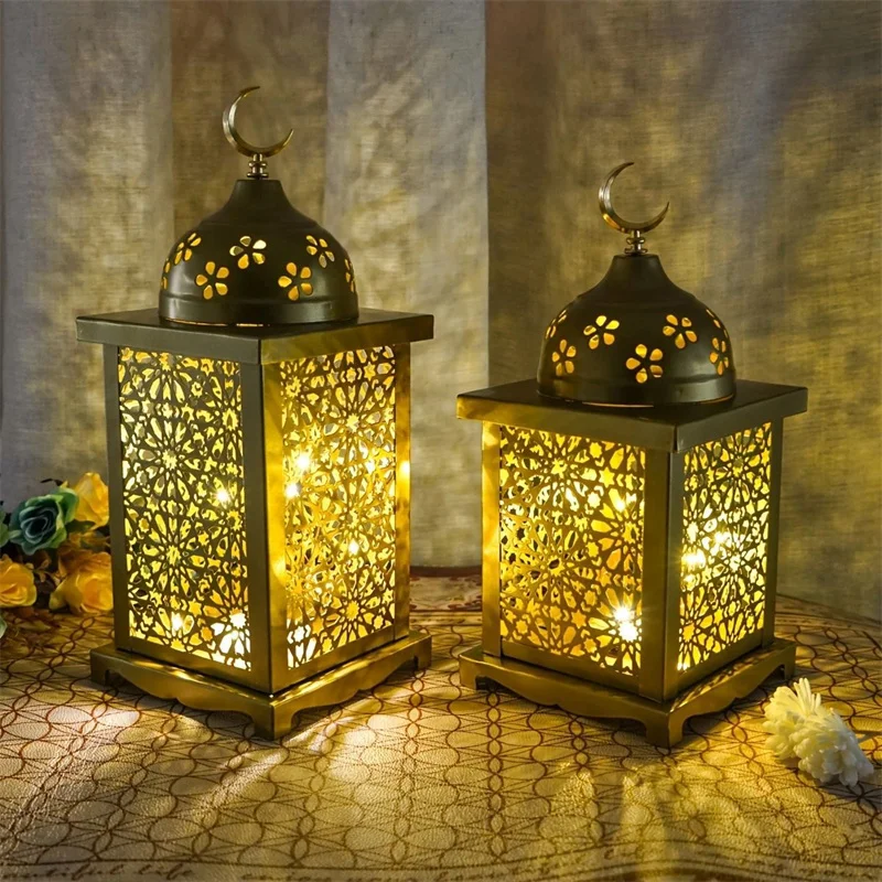 1PC Metal Vintage Wind Lamp Morocco Hollow LED Lantern Home Table Night Light for Eid Mubarak Ramadan Kareem Party Decoration