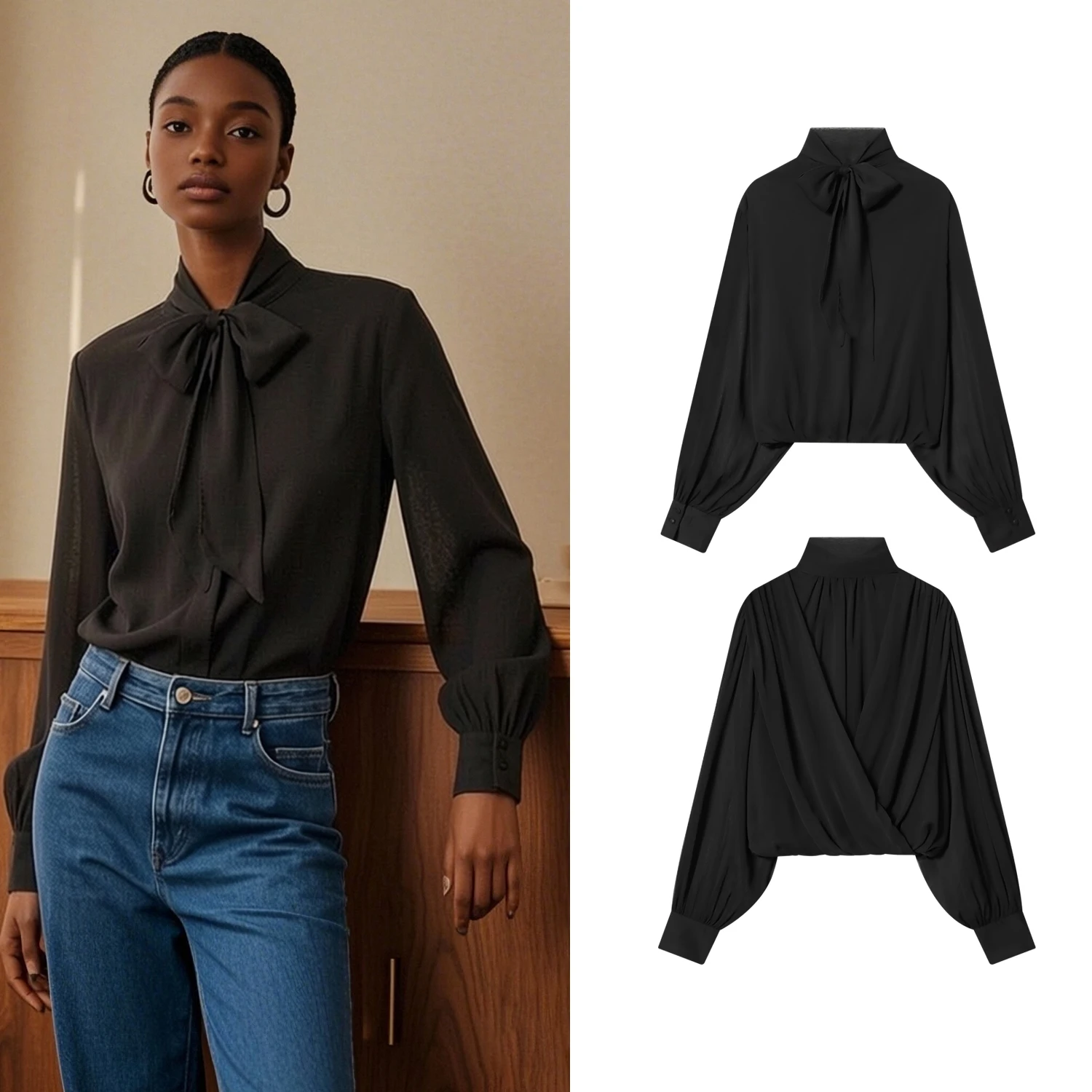 

Women Perspective Bow Lace up Blouses Shirt Female Fashion Loose Long-Sleeved Elegant Spring Shirts Lady High Street Blouses