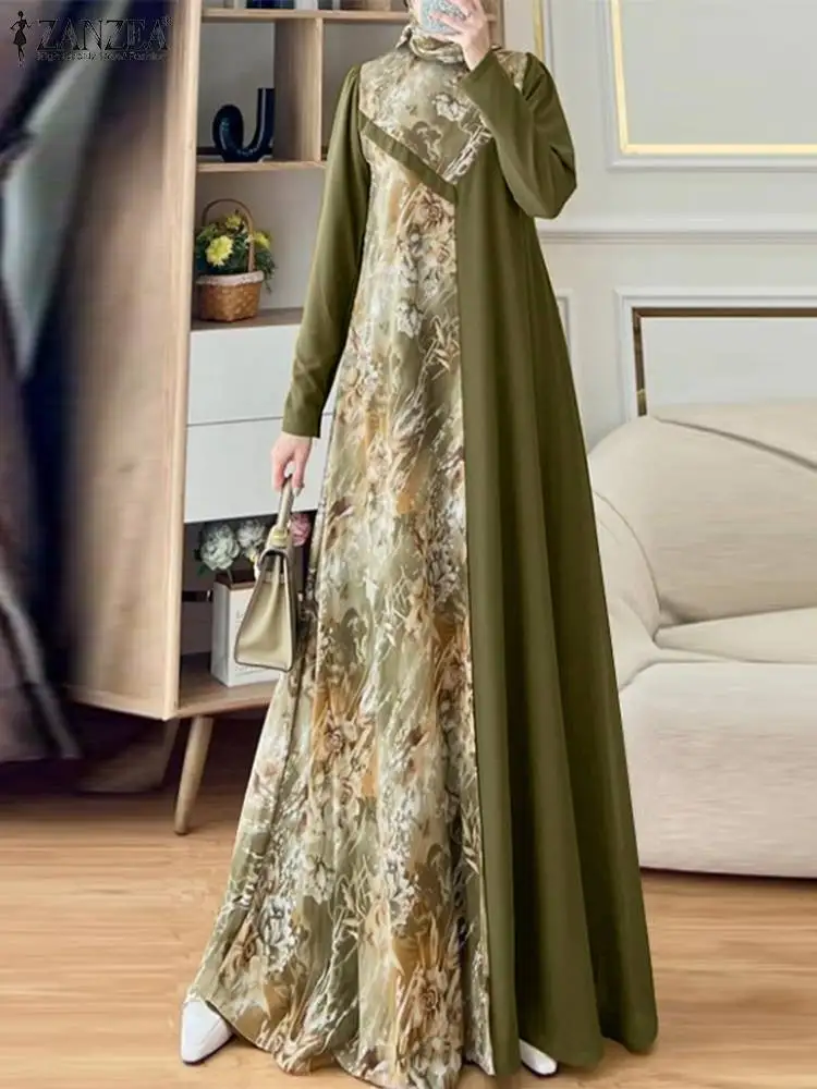 ZANZEA kobiety moda muzułmańska kwiatowy nadruk patchworkowe długie sukienki elegancki islamski hidżab O Neck Abaya szaty z długim rękawem Vestidos