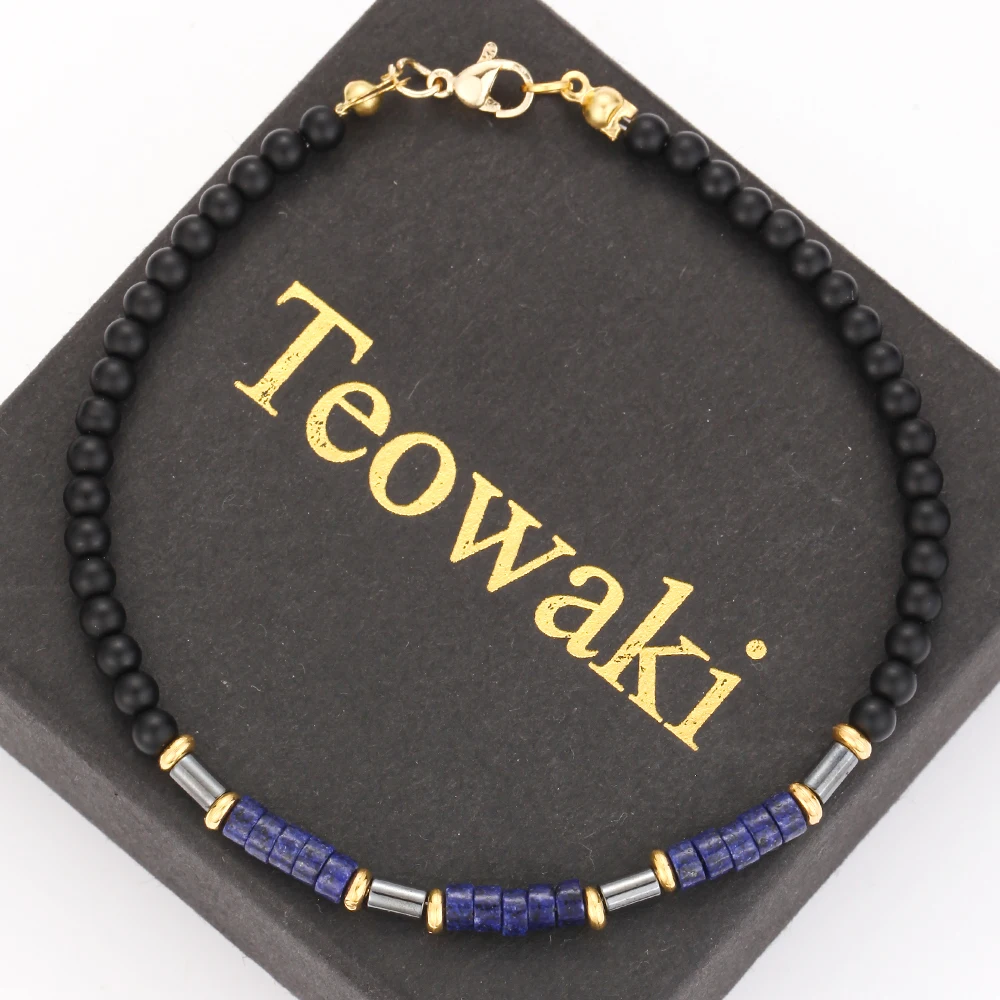 TeoWaki Natural Lapis lazuli Black Agate Bracelet Adjustable Hematite Square Flake Spacers Holiday Best Gift For Family 21cm