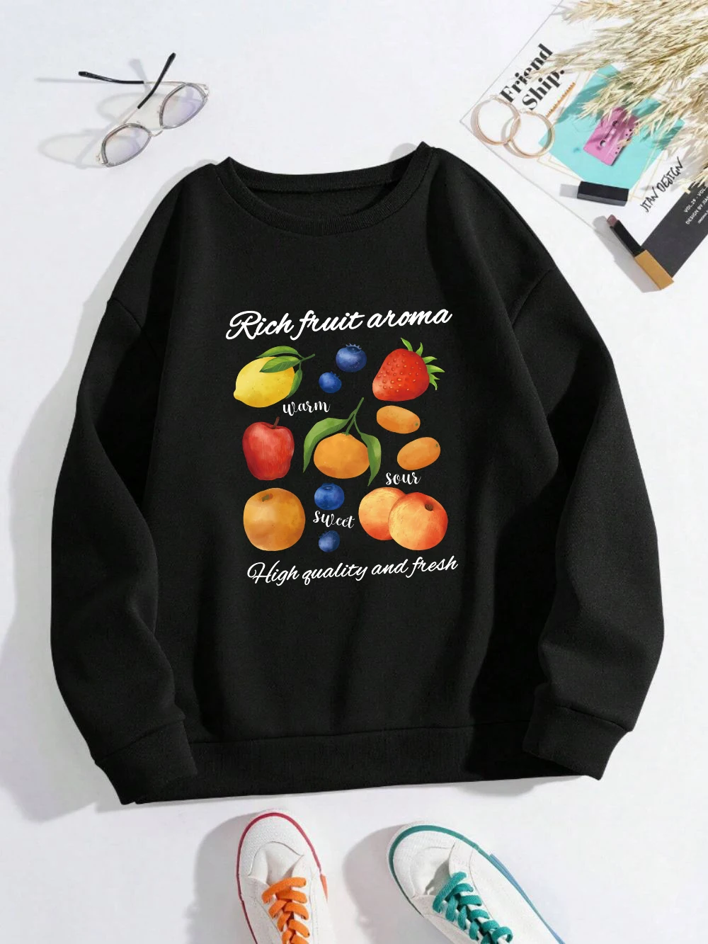 Street Womans Sweatshirts Rich Fruit Aroma Printing Pullover Crewneck Fleece Warm Breathable Hoodie Autumn Casual Female Clothes