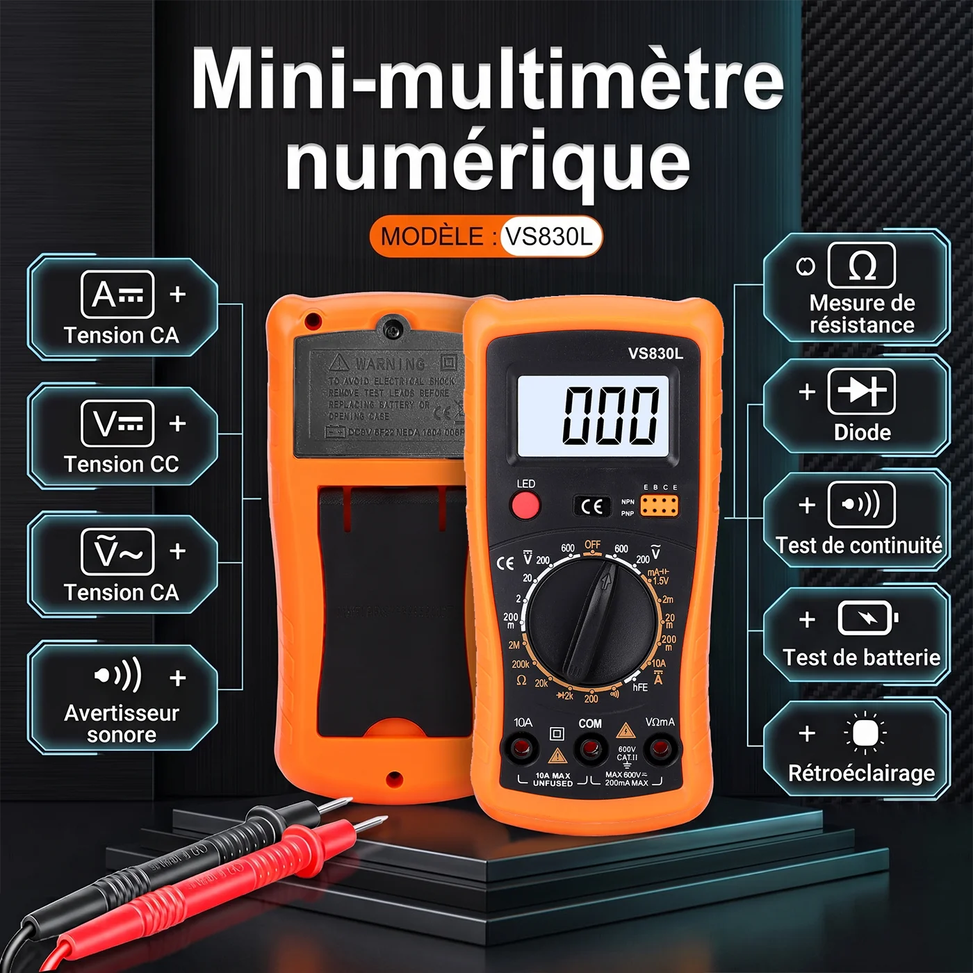 Multimètre numérique VS830L, testeur de tension et de courant AC/DC, 1999 lectures, test de résistance, diode, continuité, batterie, écran LCD rétroéclairé