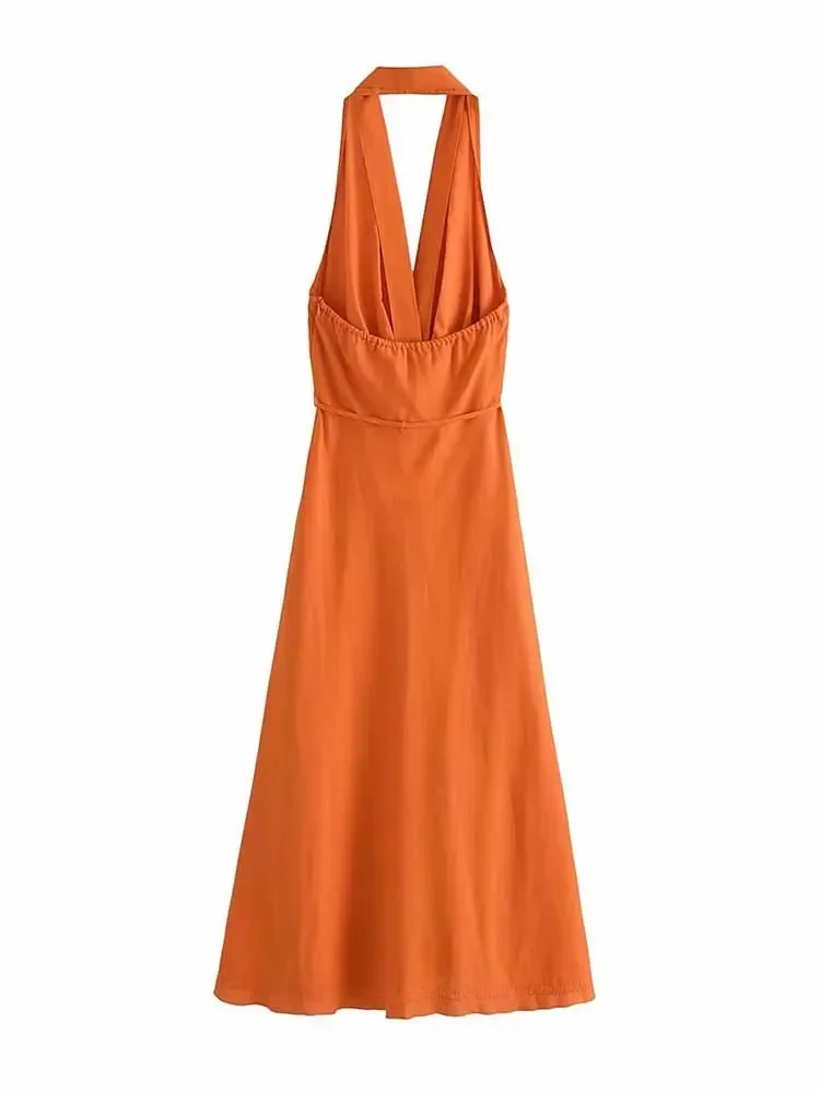 Vestido Midi drapeado con cinturón de cuentas para Mujer, vestido sin mangas con Retro Espalda descubierta, decoración de cuello colgante, novedad de 2024