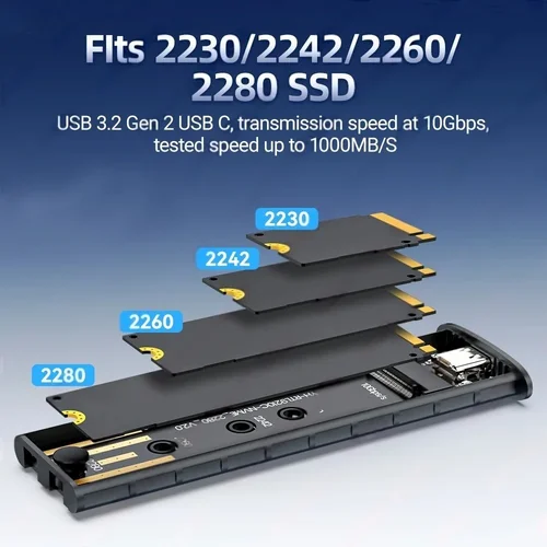 Imagen 2 del producto Carcasa M.2 SATA NVMe, carcasa SSD externa de 10Gbps, adaptador de disco duro USB 3,1 tipo C, caja de almacenamiento M.2 2230 2242 2260 2280 para PC