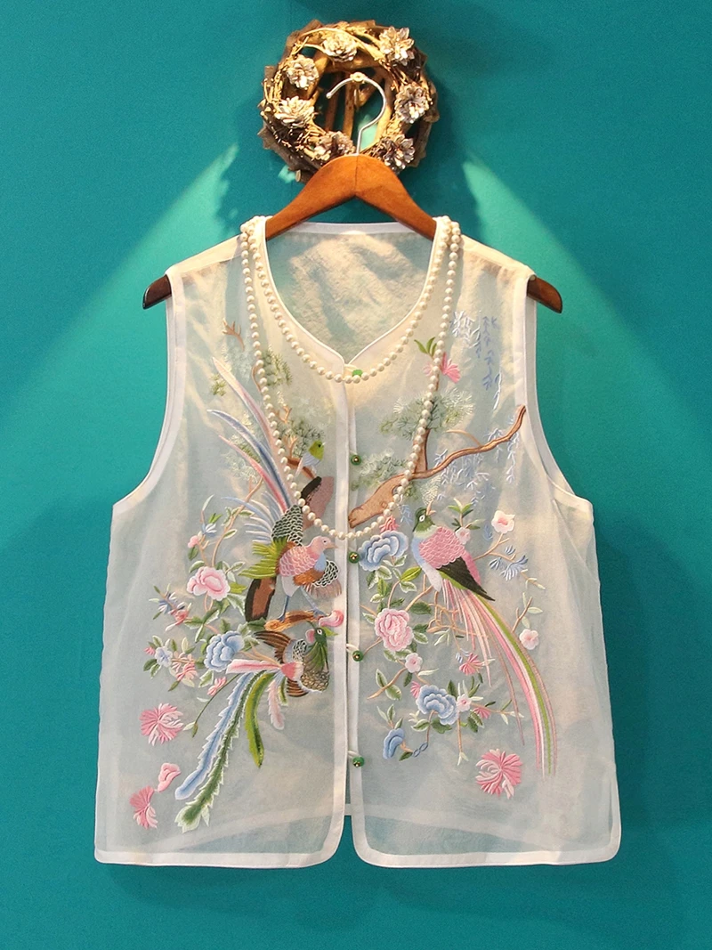 Summer Thin New Chinese Style National Waistcoat Vest Flower and Bird Embroidery Silk Organza for Women