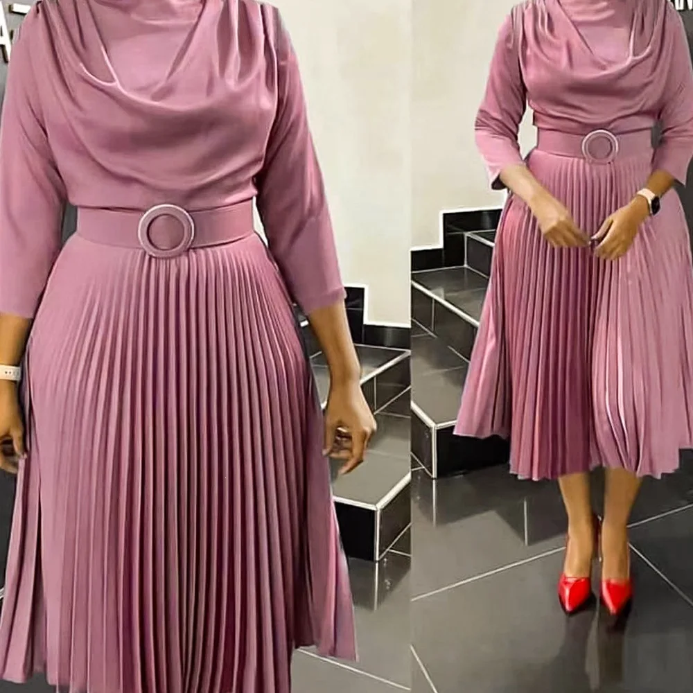 JENYAGE Damen Einfarbiges, schlichtes, fließendes Midikleid mit Wasserfallausschnitt, 3/4-Ärmeln und plissiertem Rock, mit Gürtel mit Schnalle, elegantes, formelles Partykleid – Detail 2