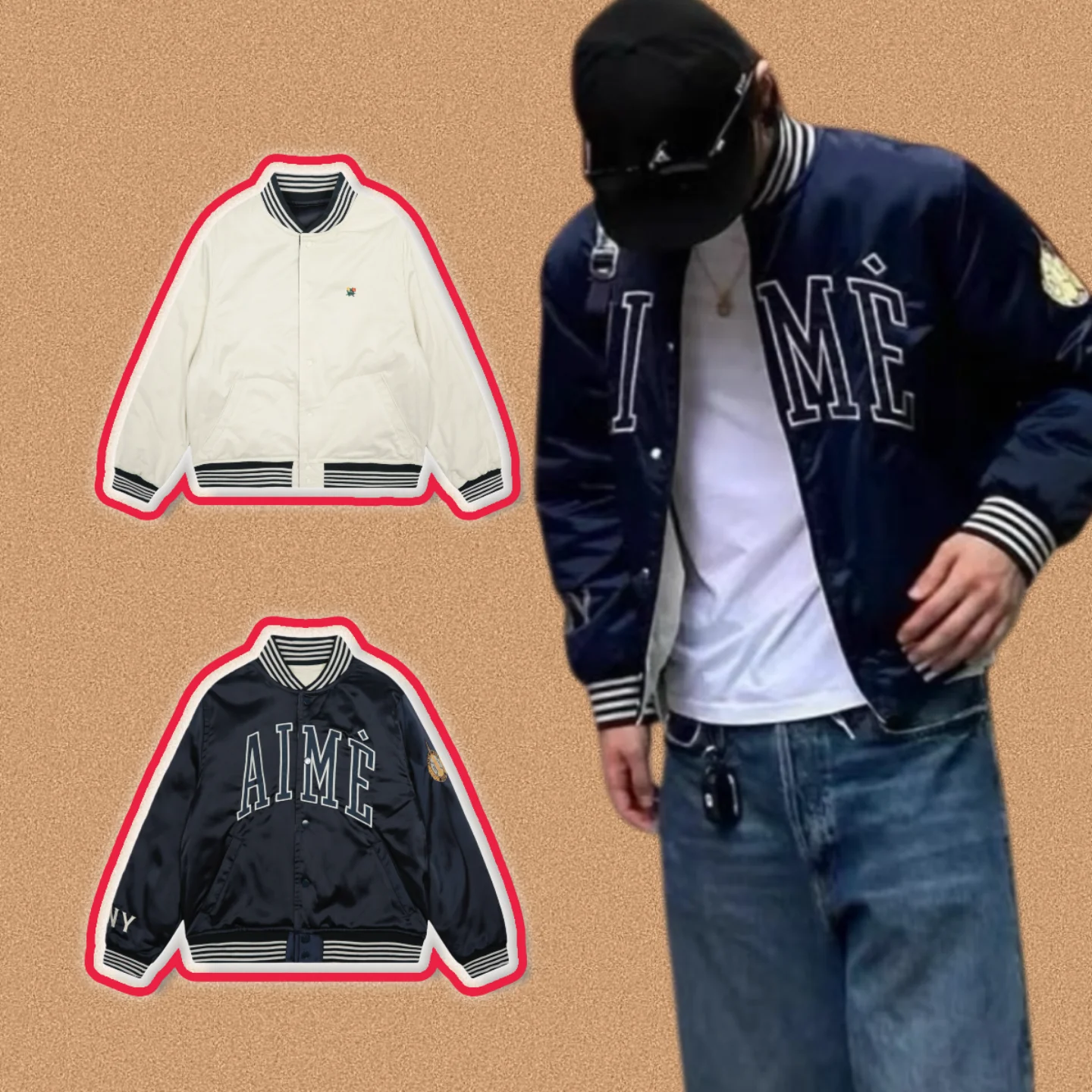 

American Retro Reversible Jaet Double-Sided Polyester Fiber Loose Fit Youth Faion Urban ort Length Single Button Closure