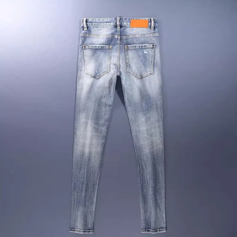Street Fashion Men Jeans Retro Light Blue Stretch Skinny Fit Patched Ripped Jeans Men Brand Designer Vintage Denim Pants Hombre