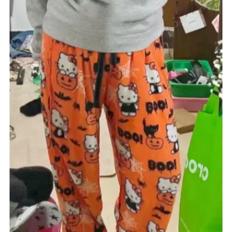 Sanrio Hello Kitty Pyjamas Pants Christmas Anime Fleece Double Elastic Fabric Soft Women Trousers Kawaii Fluffy Pajamas Ornament