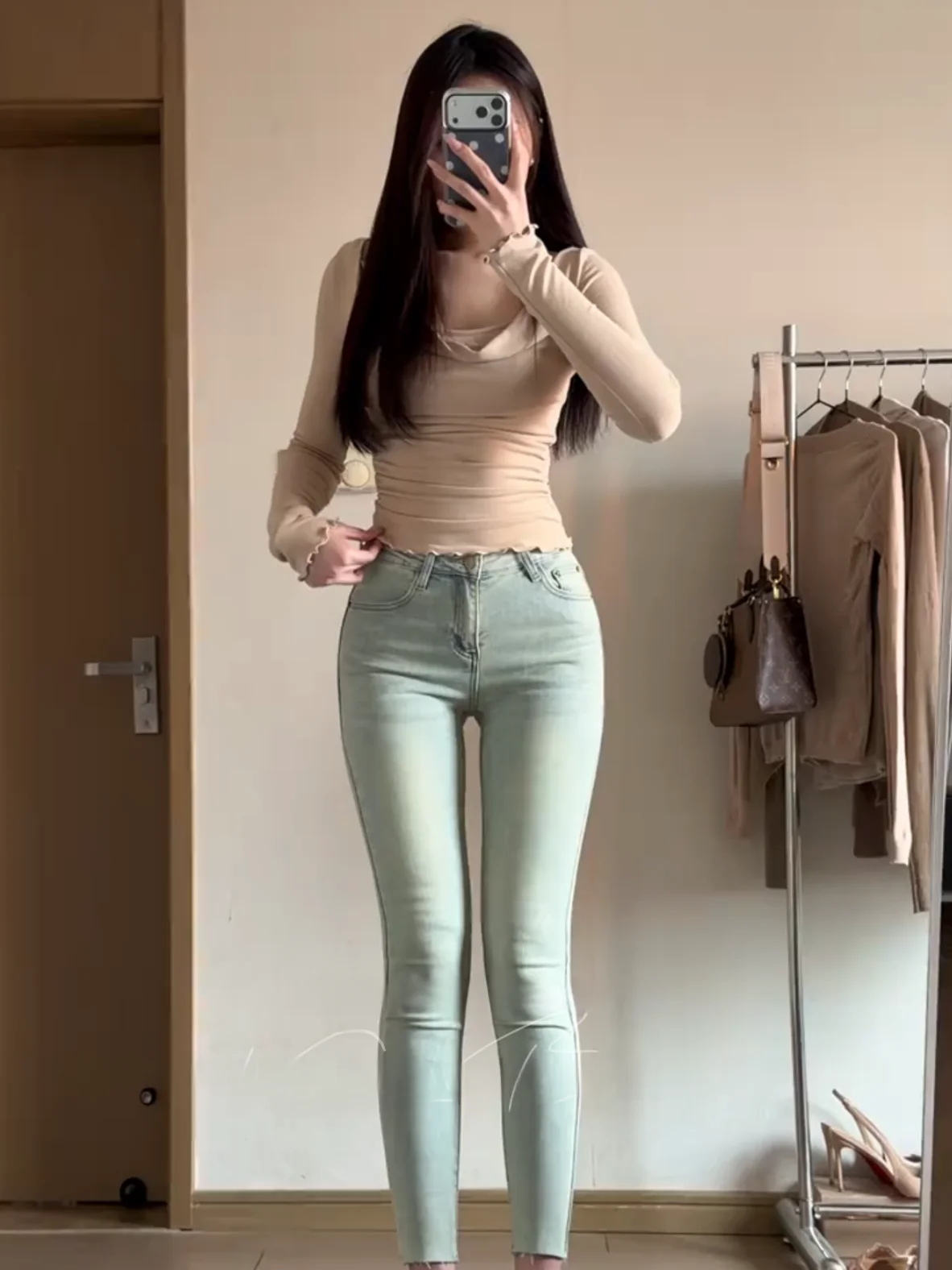 

Retro American Washed Light Blue Embroidered Jeans High Waist Elastic Slimming Butt Lifting Nine Points Pencil Pants