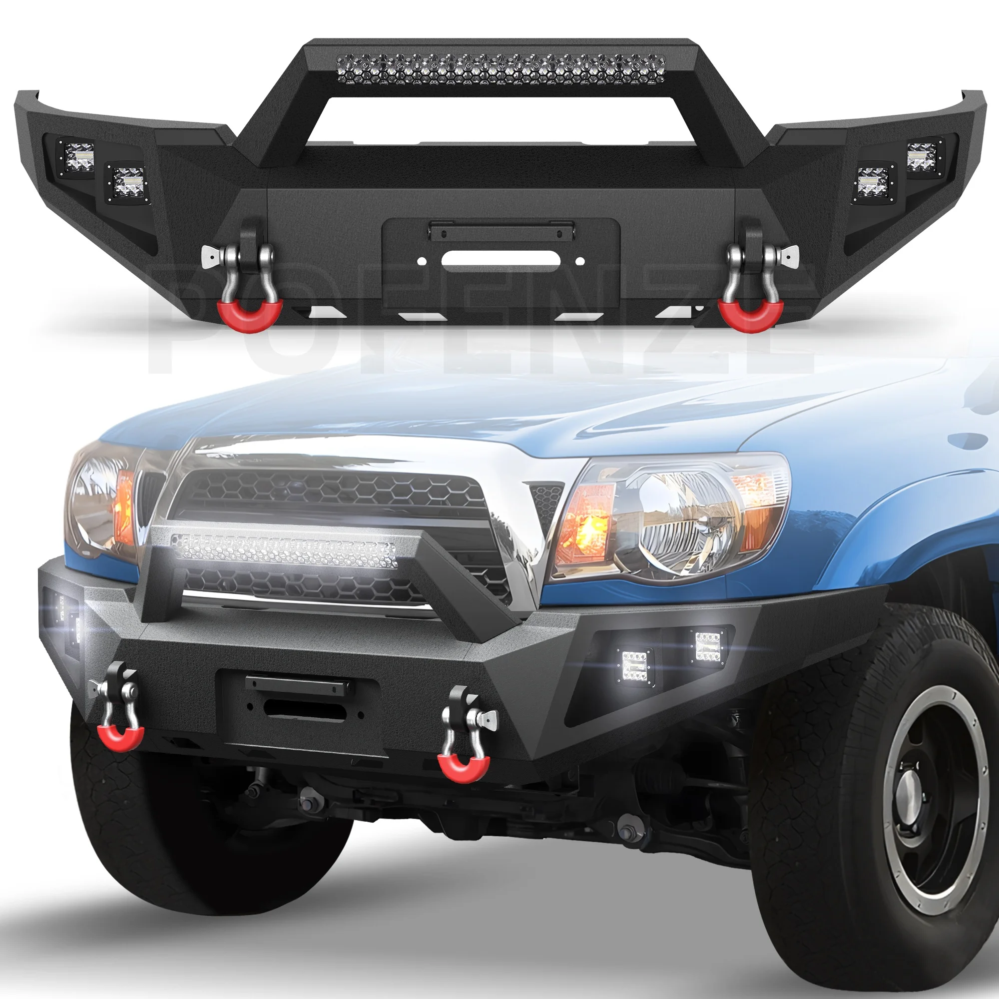 Front Bumper for 2005-2015 Tacoma 2nd Gen Pickup, with Winch Plate, 144W Light Bar, 4x18w Lights, D-rings, License Plate Bracket