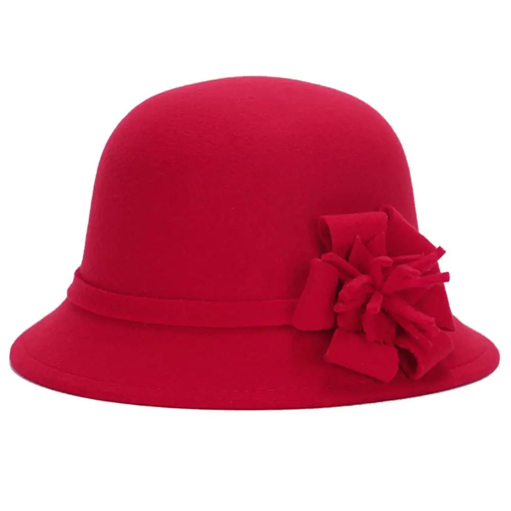 Vintage Women Hats Imitation Woolen Flower Decor Bucket Hat Bowler Cap