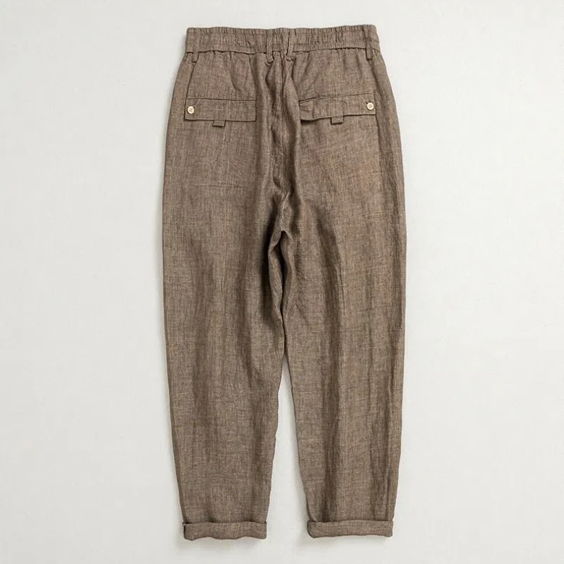 Japanese Style Casual Spring and Summer Men's Solid Elastic Waist Drawstring Pockets Zipper Loose Straight Ankle Length Pants