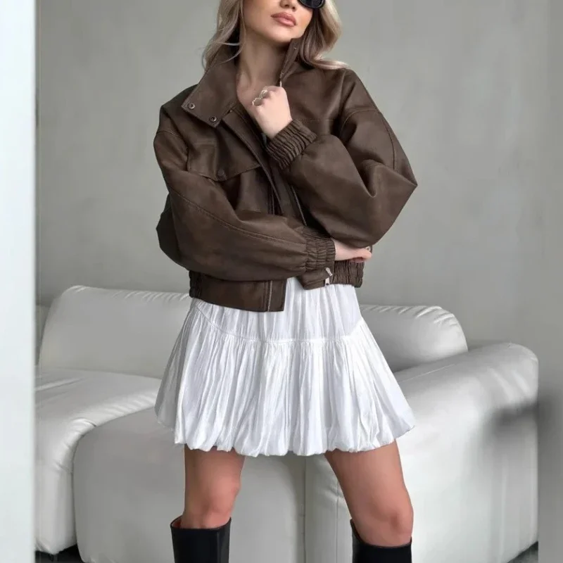 

Кожаный кардиган в стиле ретро с длинными рукавами и отложным воротником, с большими карманами, для женщин