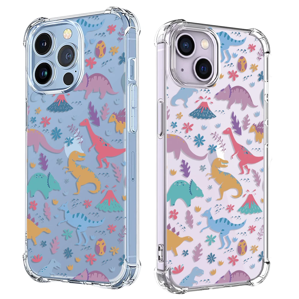 Custodia per telefono dinosauro divertente a colori per iPhone 15 14 13 12 11 Pro X XS XR Max 7 8 Plus SE 2 3 Mini Cover antiurto in TPU trasparente