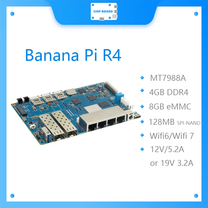 Banana Pi BPI R4 Wifi 7 Board with MTK MT7988A Design,4G RAM and 8G EMMC Onboard Quad-core ARM Corex-A73 Design Network Port